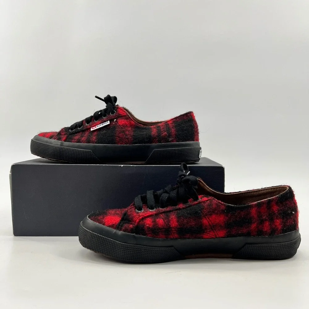 Superga Sneakers Womens 8 Red Buffalo Plaid Boiled Wool Plaid Fuzzy Shoes